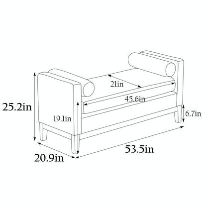 Tabouret-banc capitonné élégant de 53,5 pouces avec pieds en bois et coussins de soutien.