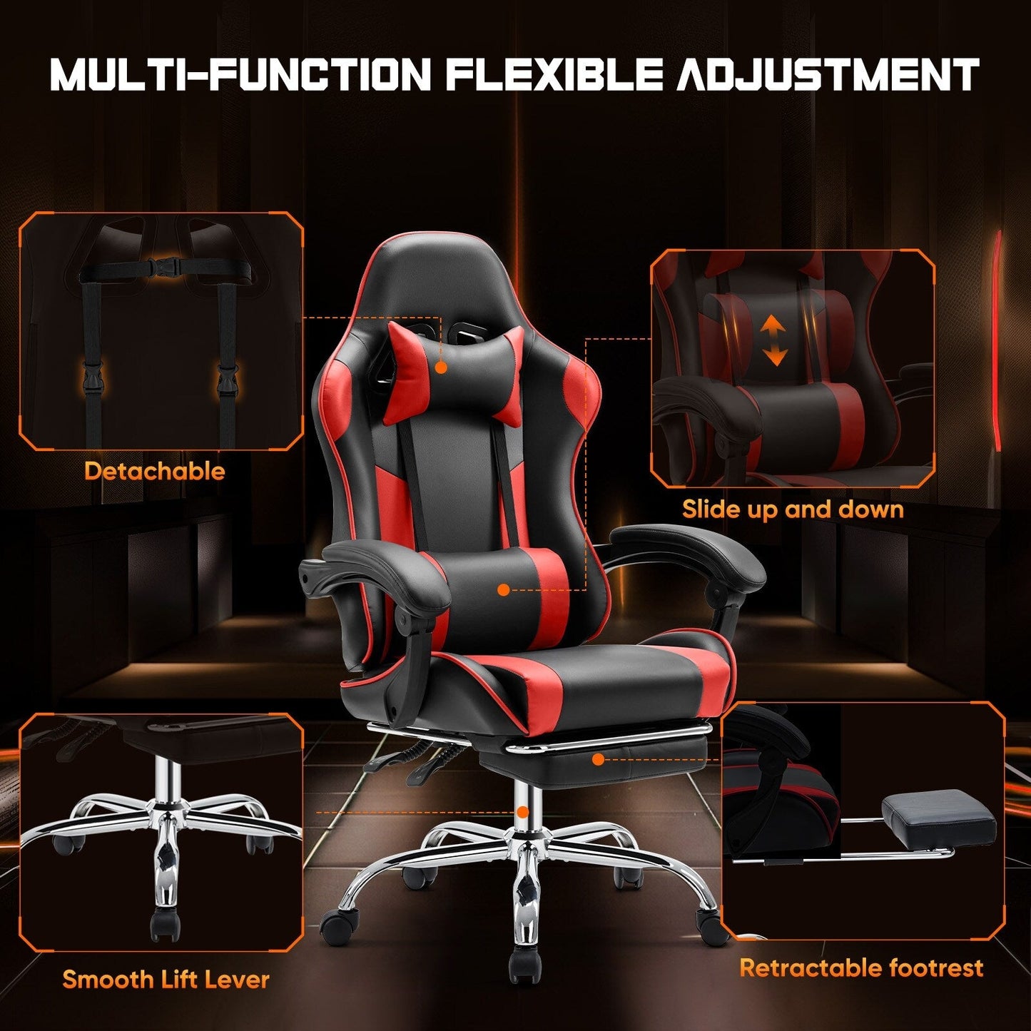 Fauteuil gaming inclinable ergonomique en cuir PU, pivotant à 360°, avec repose-pieds, repose-tête, soutien lombaire et hauteur réglable.