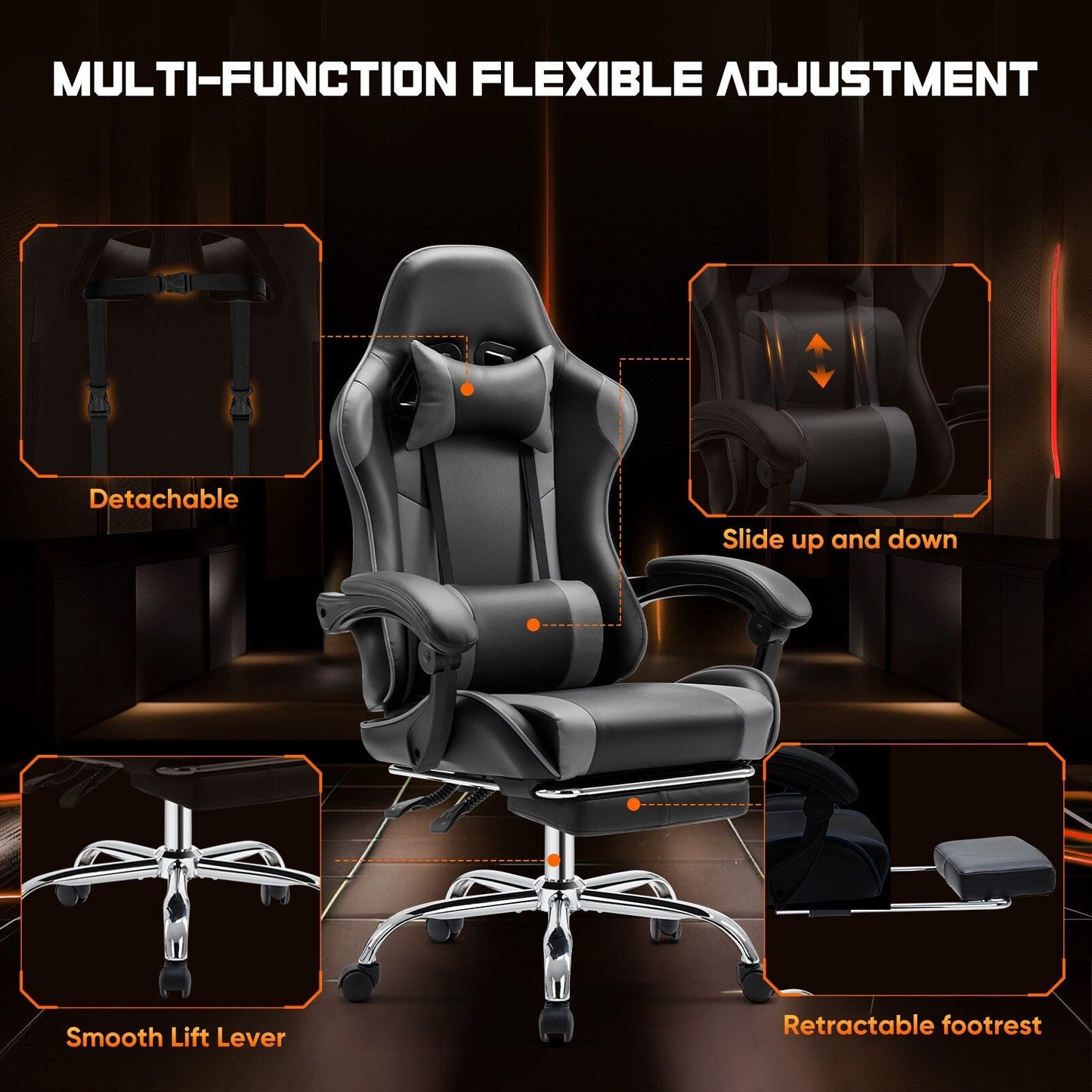 Fauteuil gaming inclinable ergonomique en cuir PU, pivotant à 360°, avec repose-pieds, repose-tête, soutien lombaire et hauteur réglable.