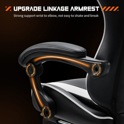 Fauteuil gaming inclinable ergonomique en cuir PU, pivotant à 360°, avec repose-pieds, repose-tête, soutien lombaire et hauteur réglable.