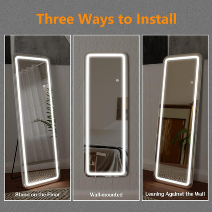 Grand miroir de sol avec éclairage LED, miroir pleine longueur 64 x 21 pouces avec support, miroir mural suspendu, miroir corporel entier.