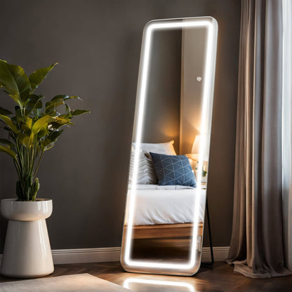 Grand miroir de sol avec éclairage LED, miroir pleine longueur 64 x 21 pouces avec support, miroir mural suspendu, miroir corporel entier.