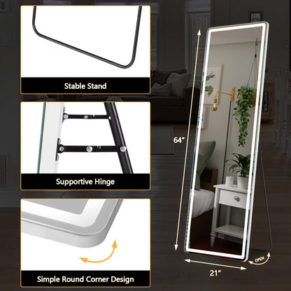 Grand miroir de sol avec éclairage LED, miroir pleine longueur 64 x 21 pouces avec support, miroir mural suspendu, miroir corporel entier.
