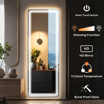 Grand miroir de sol avec éclairage LED, miroir pleine longueur 64 x 21 pouces avec support, miroir mural suspendu, miroir corporel entier.