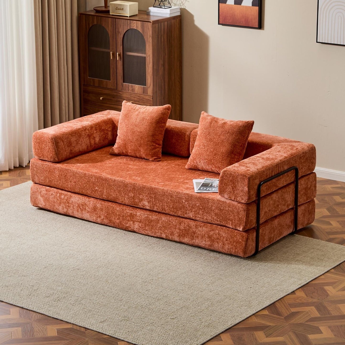 Canapé-lit convertible au sol avec dossier capitonné en tissu chenille pour salon et chambre à coucher