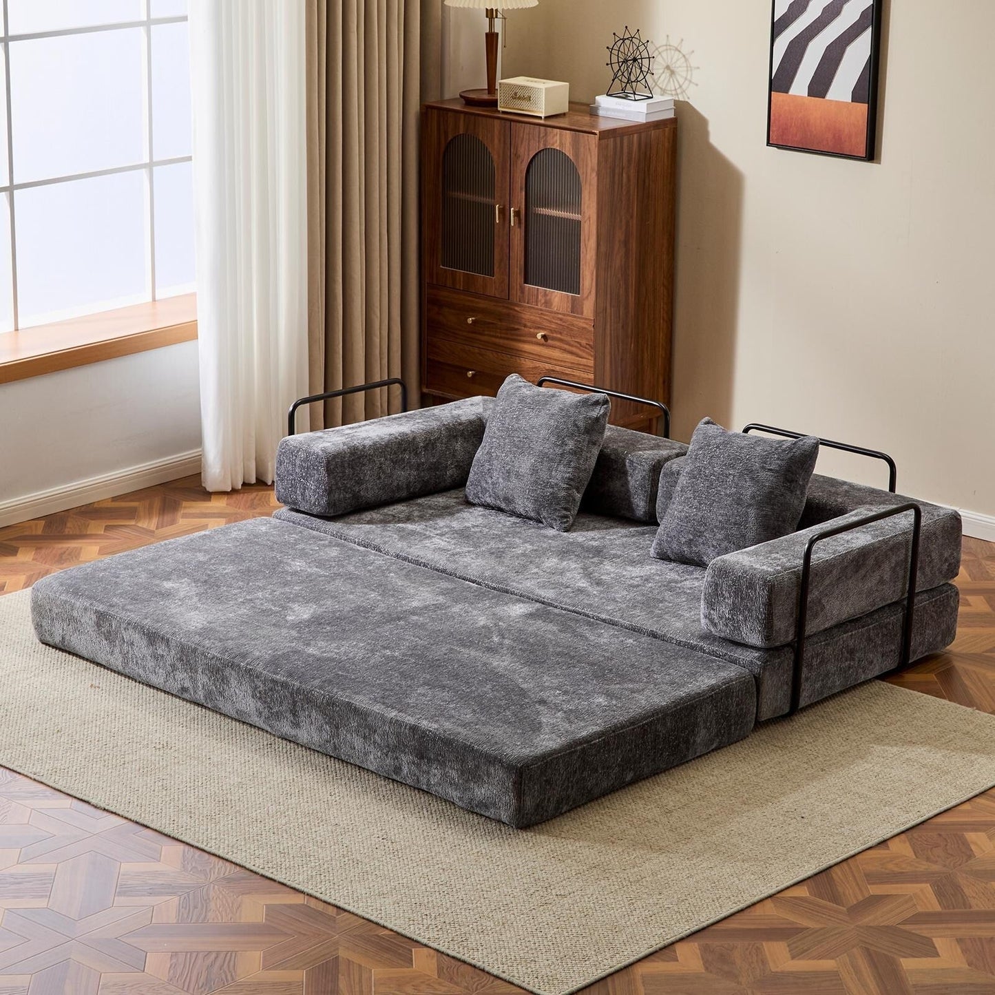 Canapé-lit convertible au sol avec dossier capitonné en tissu chenille pour salon et chambre à coucher