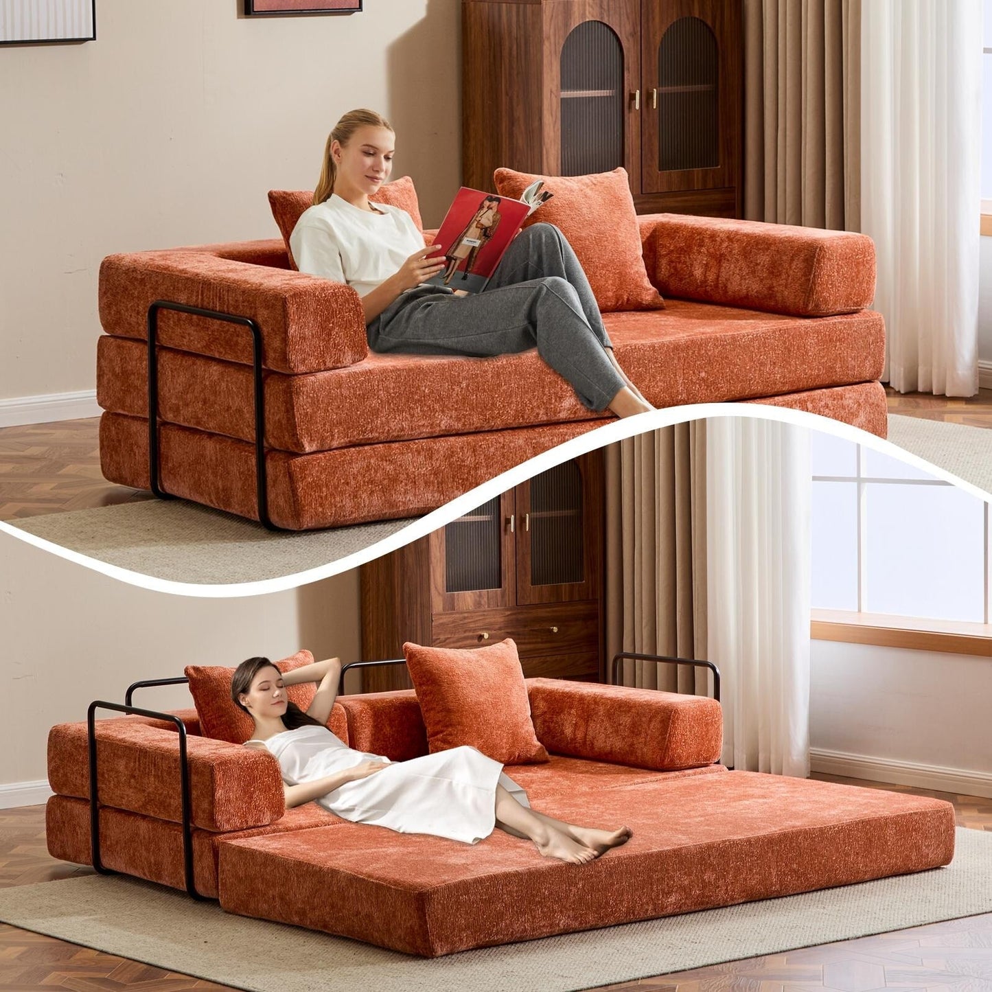 Canapé-lit convertible au sol avec dossier capitonné en tissu chenille pour salon et chambre à coucher