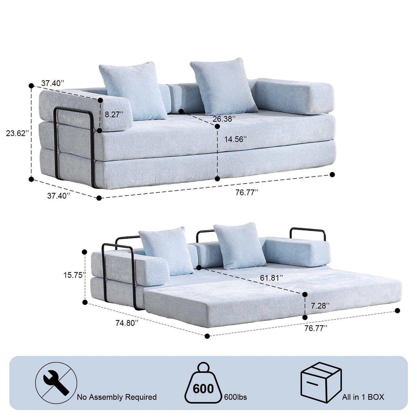 Canapé-lit convertible au sol avec dossier capitonné en tissu chenille pour salon et chambre à coucher