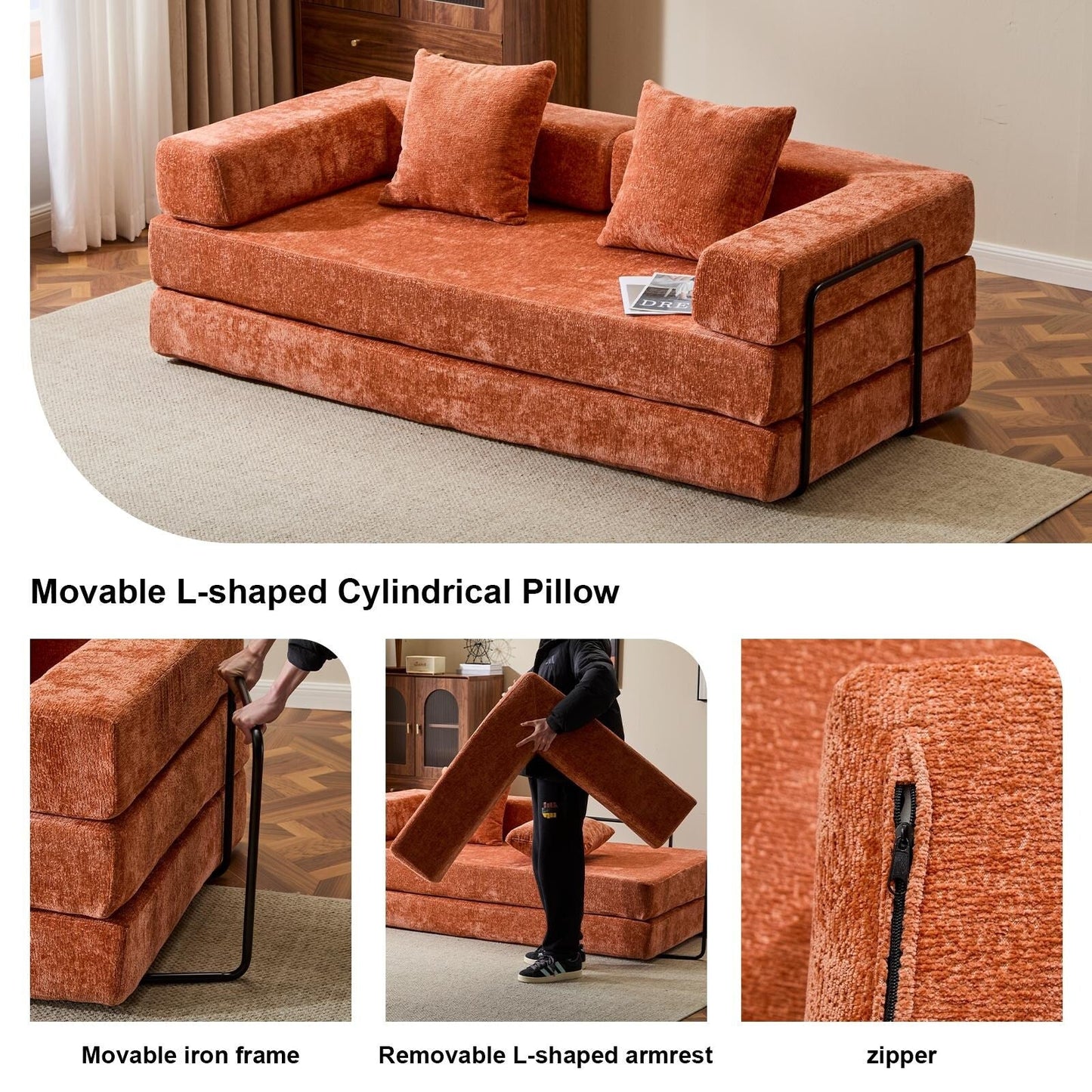Canapé-lit convertible au sol avec dossier capitonné en tissu chenille pour salon et chambre à coucher