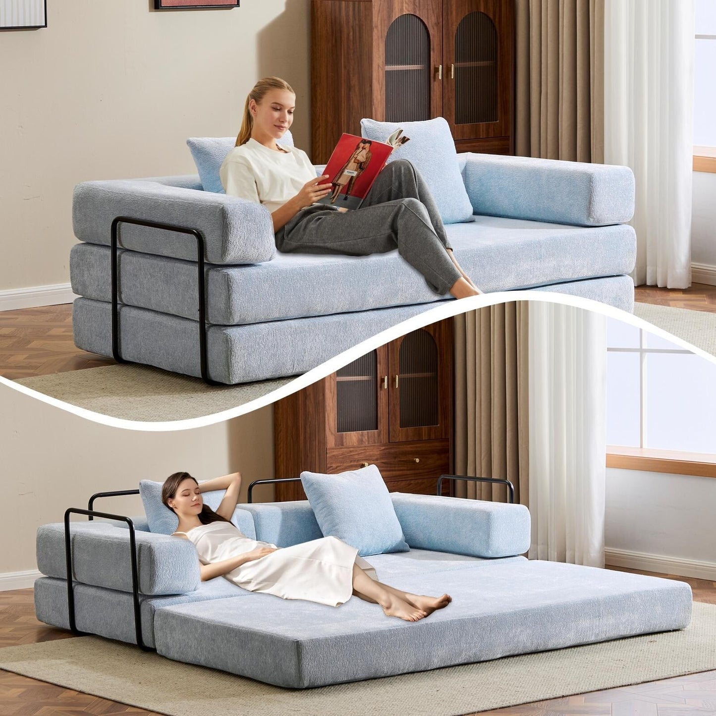 Canapé-lit convertible au sol avec dossier capitonné en tissu chenille pour salon et chambre à coucher