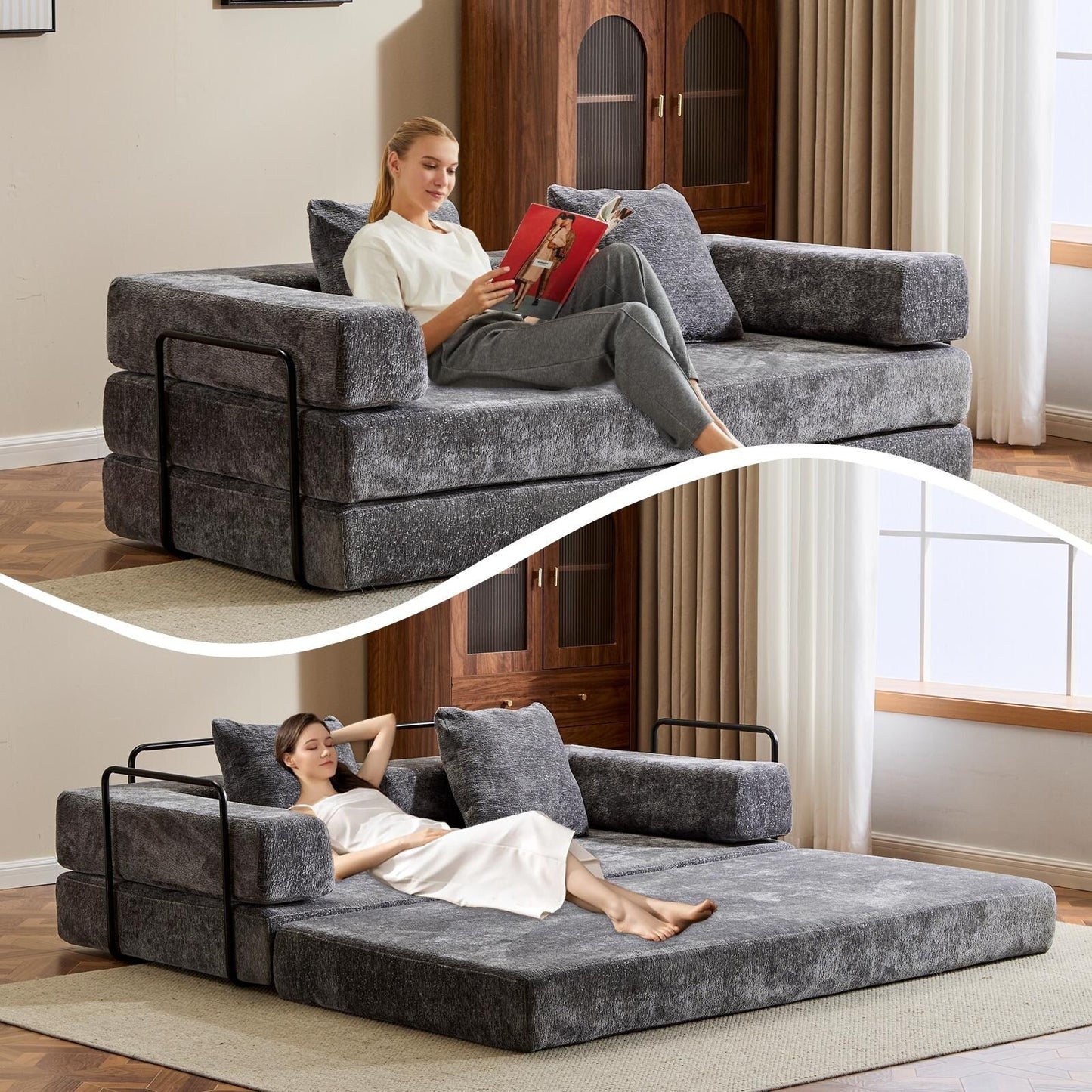 Canapé-lit convertible au sol avec dossier capitonné en tissu chenille pour salon et chambre à coucher