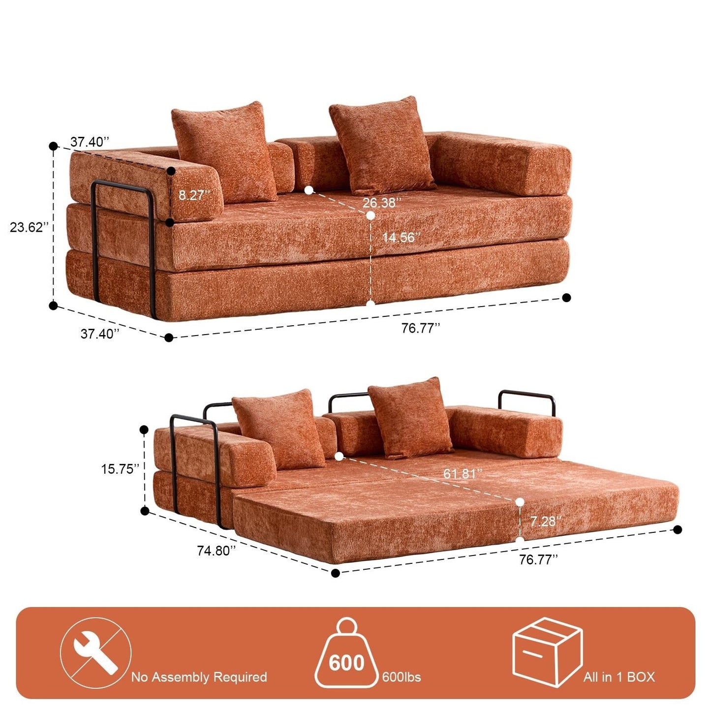 Canapé-lit convertible au sol avec dossier capitonné en tissu chenille pour salon et chambre à coucher