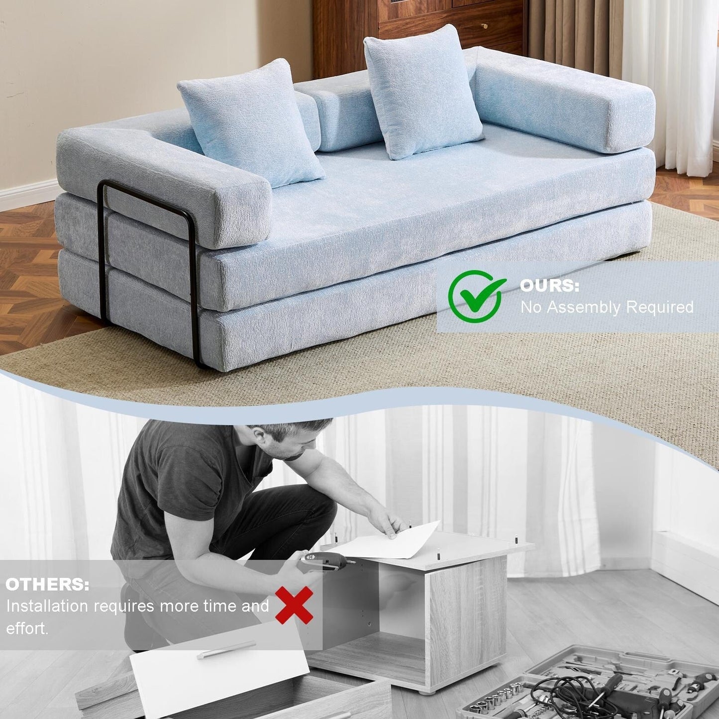 Canapé-lit convertible au sol avec dossier capitonné en tissu chenille pour salon et chambre à coucher