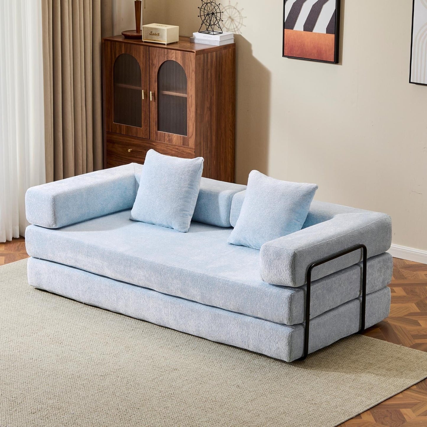 Canapé-lit convertible au sol avec dossier capitonné en tissu chenille pour salon et chambre à coucher