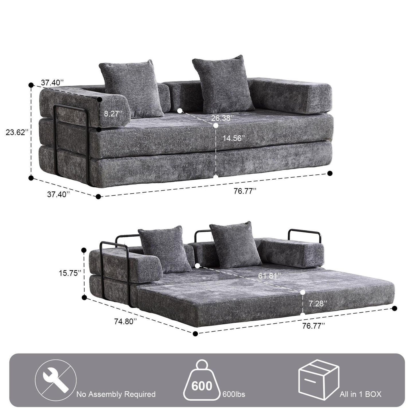 Canapé-lit convertible au sol avec dossier capitonné en tissu chenille pour salon et chambre à coucher