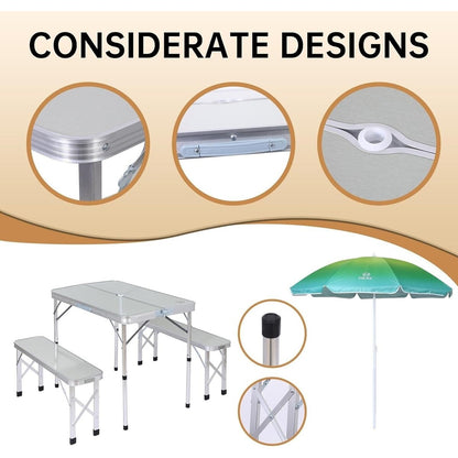 Table de pique-nique pliable et parasol, table de camping pour jardin, patio, pelouse, fête - Blanc avec parasol
