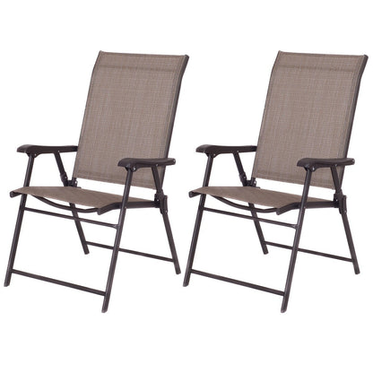 Ensemble de 2 chaises pliantes à dossier en toile pour terrasse, couleur marron.