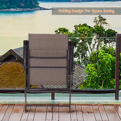 Ensemble de 2 chaises pliantes à dossier en toile pour terrasse, couleur marron.