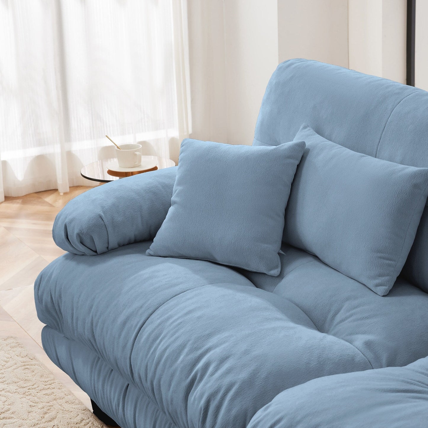 Canapé d'angle modulable en chenille 4 places avec 2 ottomans et coussin pour salon, à combiner à volonté.