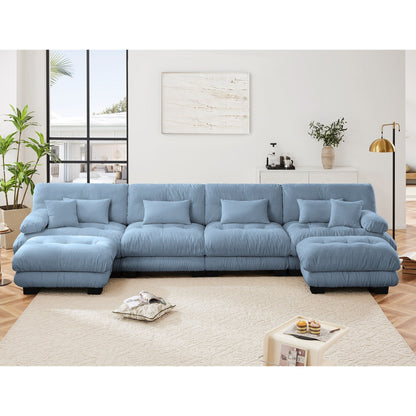 Canapé d'angle modulable en chenille 4 places avec 2 ottomans et coussin pour salon, à combiner à volonté.