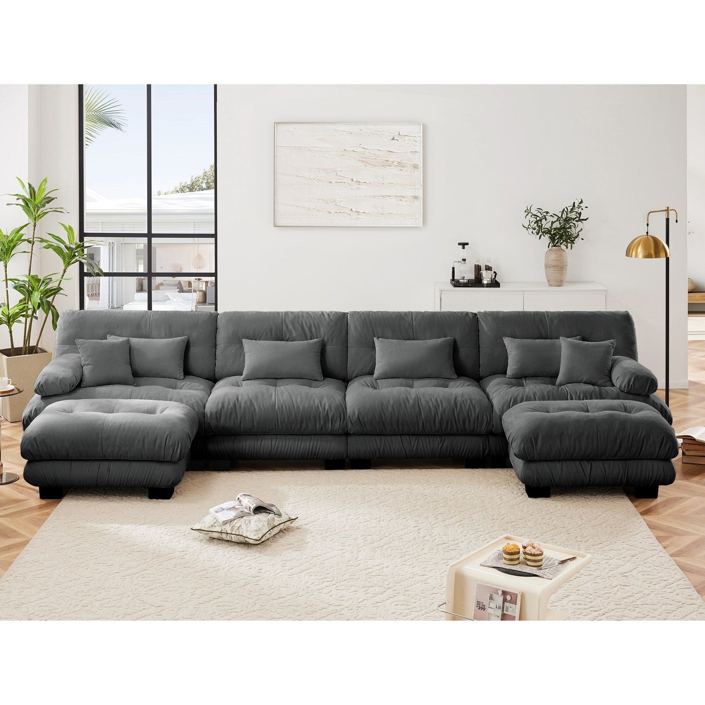 Canapé d'angle modulable en chenille 4 places avec 2 ottomans et coussin pour salon, à combiner à volonté.
