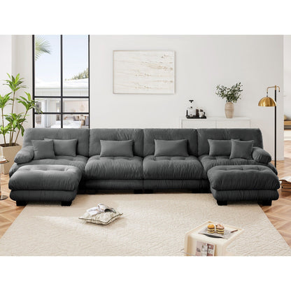 Canapé d'angle modulable en chenille 4 places avec 2 ottomans et coussin pour salon, à combiner à volonté.