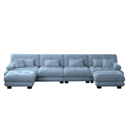 Canapé d'angle modulable en chenille 4 places avec 2 ottomans et coussin pour salon, à combiner à volonté.