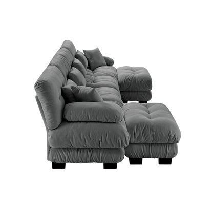 Canapé d'angle modulable en chenille 4 places avec 2 ottomans et coussin pour salon, à combiner à volonté.
