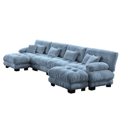 Canapé d'angle modulable en chenille 4 places avec 2 ottomans et coussin pour salon, à combiner à volonté.