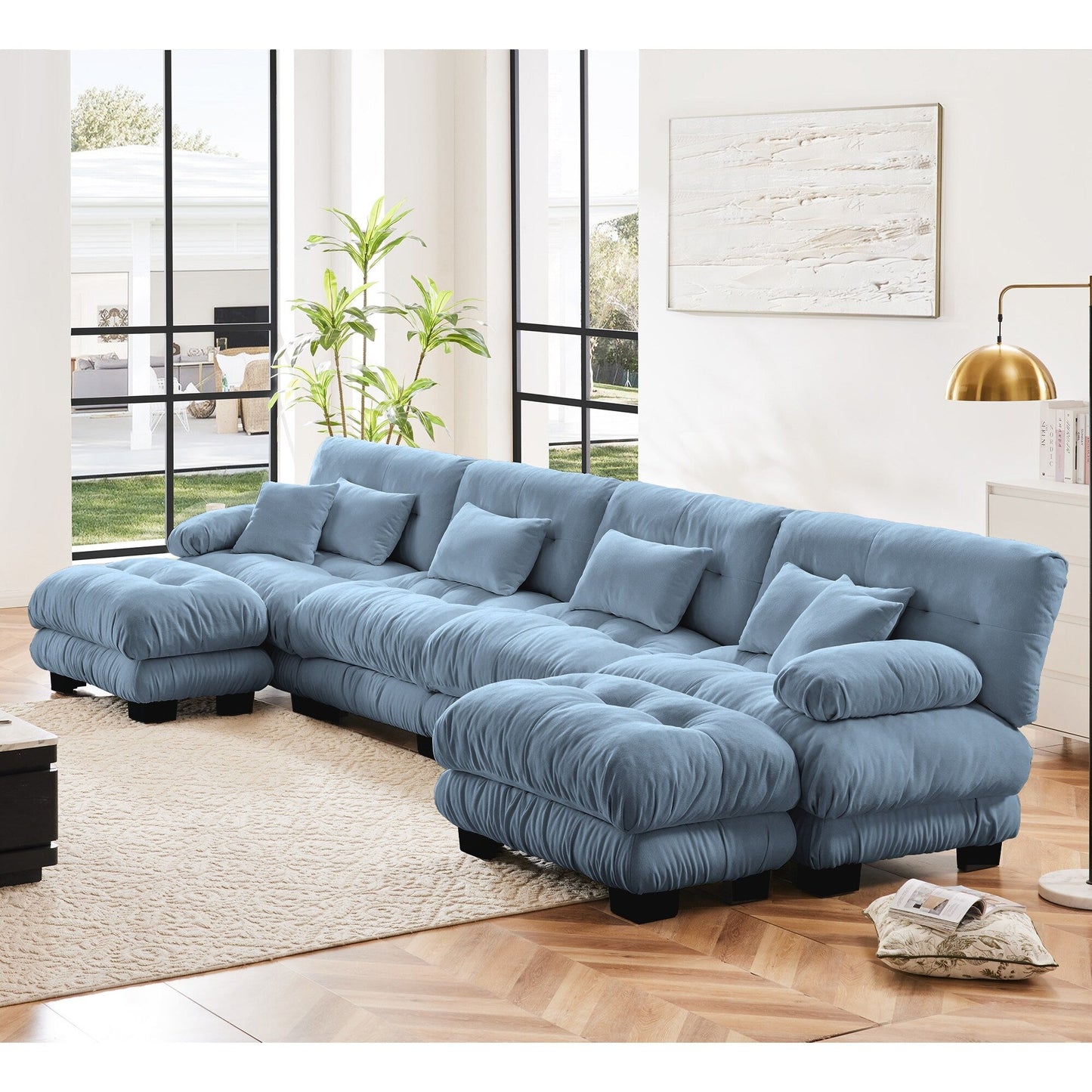 Canapé d'angle modulable en chenille 4 places avec 2 ottomans et coussin pour salon, à combiner à volonté.