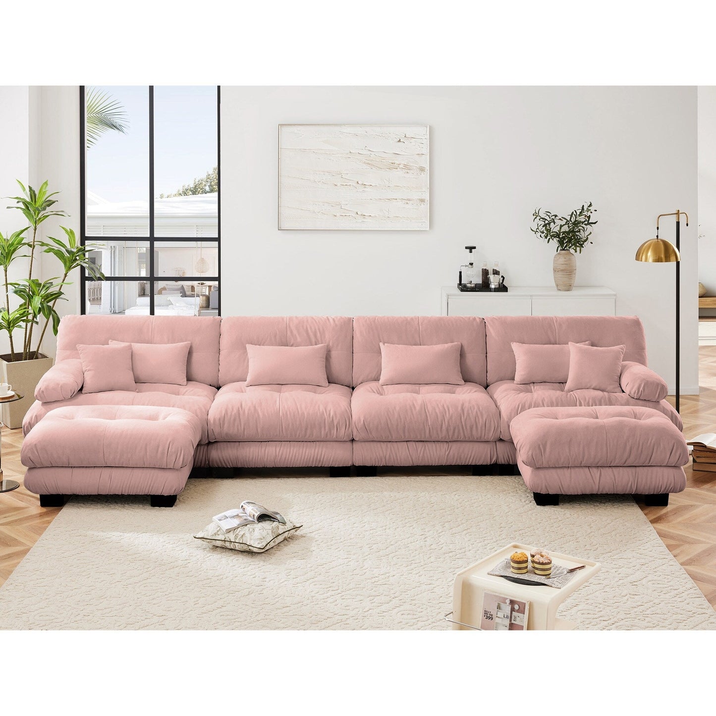 Canapé d'angle modulable en chenille 4 places avec 2 ottomans et coussin pour salon, à combiner à volonté.