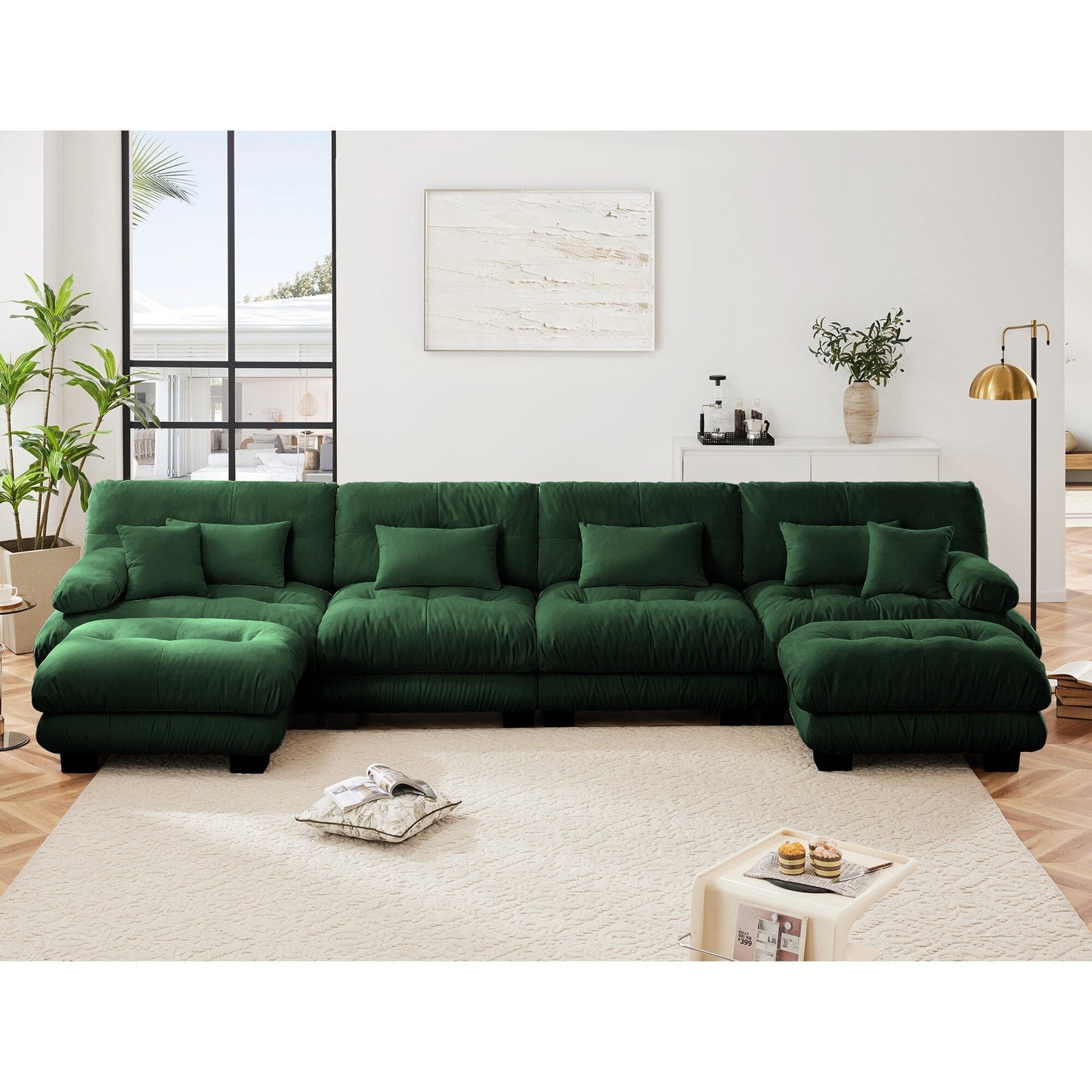 Canapé d'angle modulable en chenille 4 places avec 2 ottomans et coussin pour salon, à combiner à volonté.