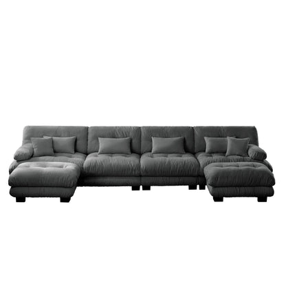 Canapé d'angle modulable en chenille 4 places avec 2 ottomans et coussin pour salon, à combiner à volonté.