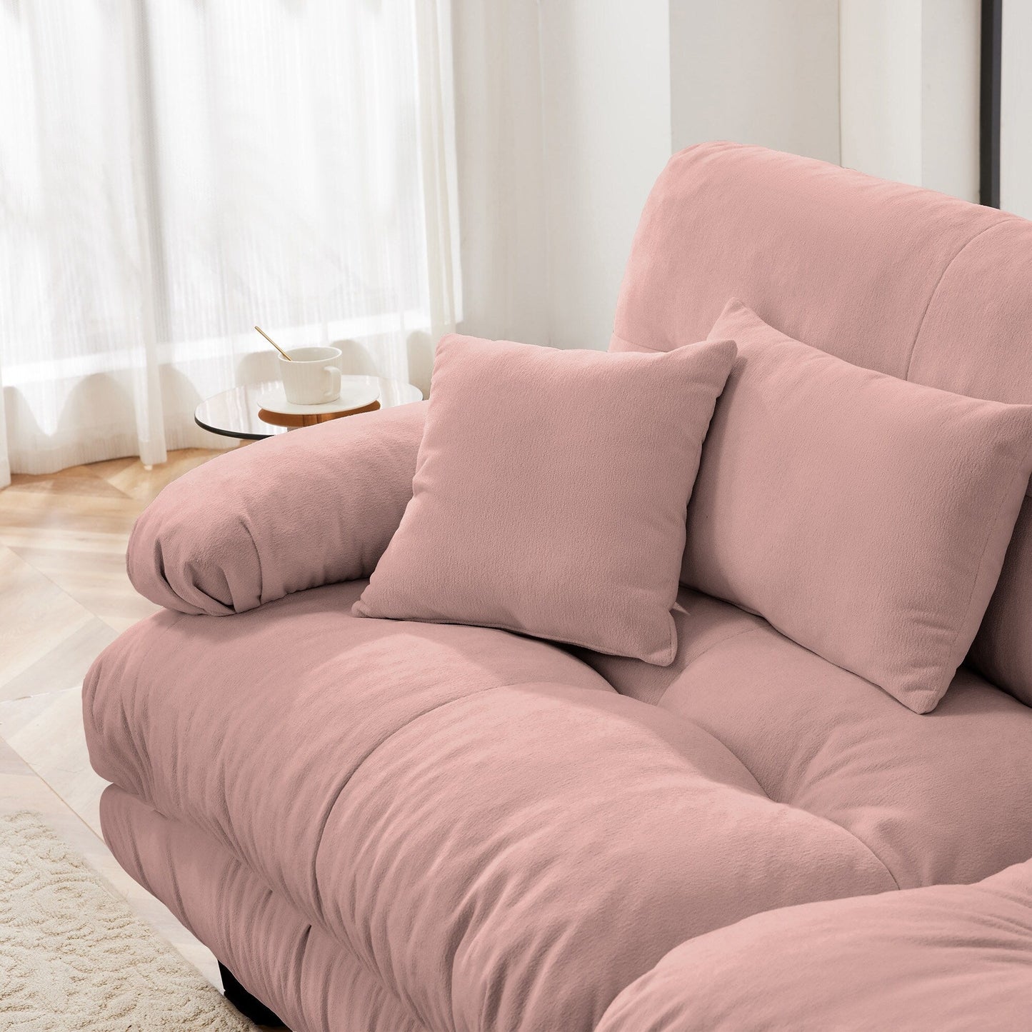 Canapé d'angle modulable en chenille 4 places avec 2 ottomans et coussin pour salon, à combiner à volonté.