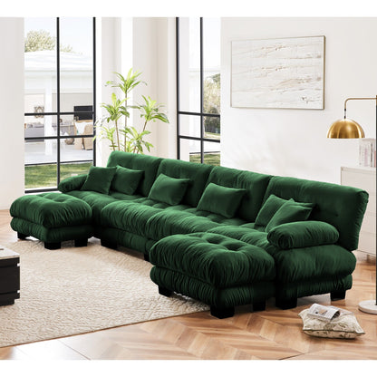 Canapé d'angle modulable en chenille 4 places avec 2 ottomans et coussin pour salon, à combiner à volonté.