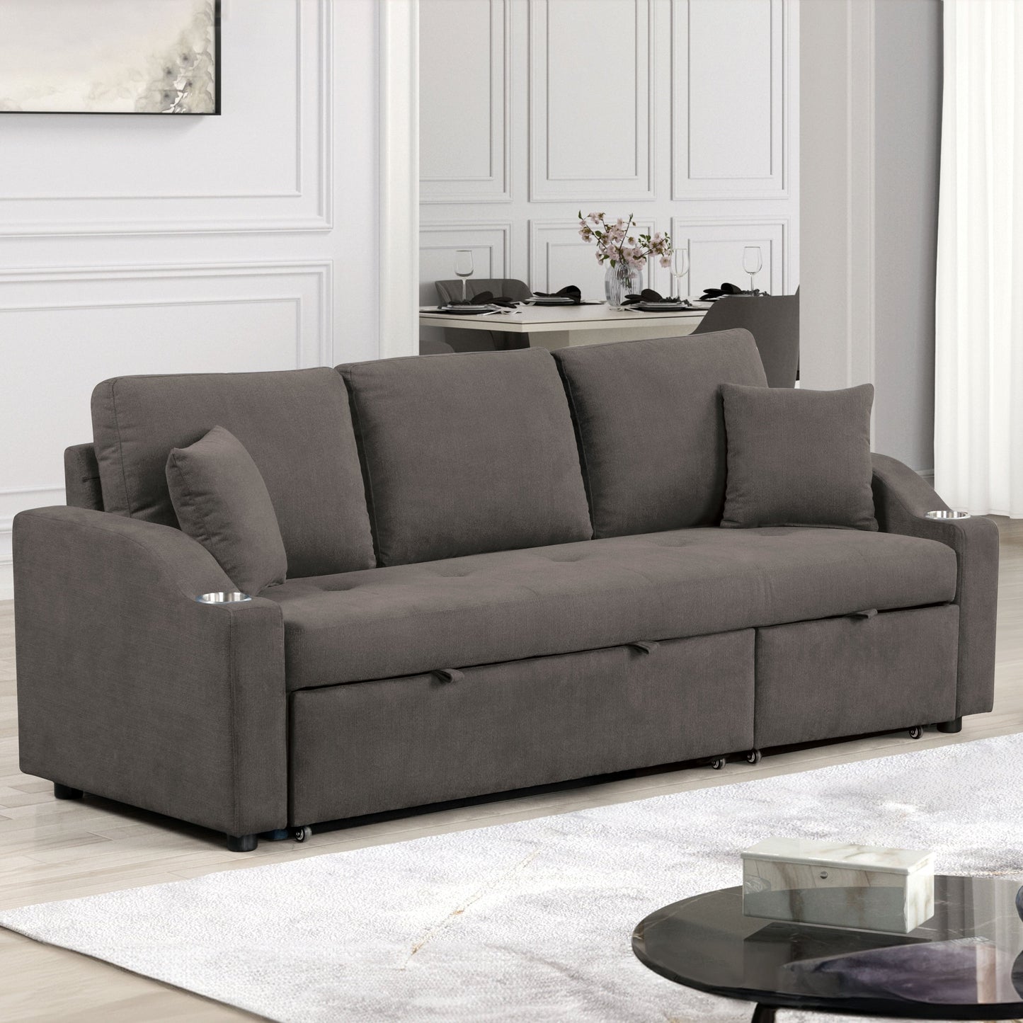 Canapé-lit modulable Scarlett de Furniture of America, style moderne, capitonné, gain de place, avec porte-gobelets