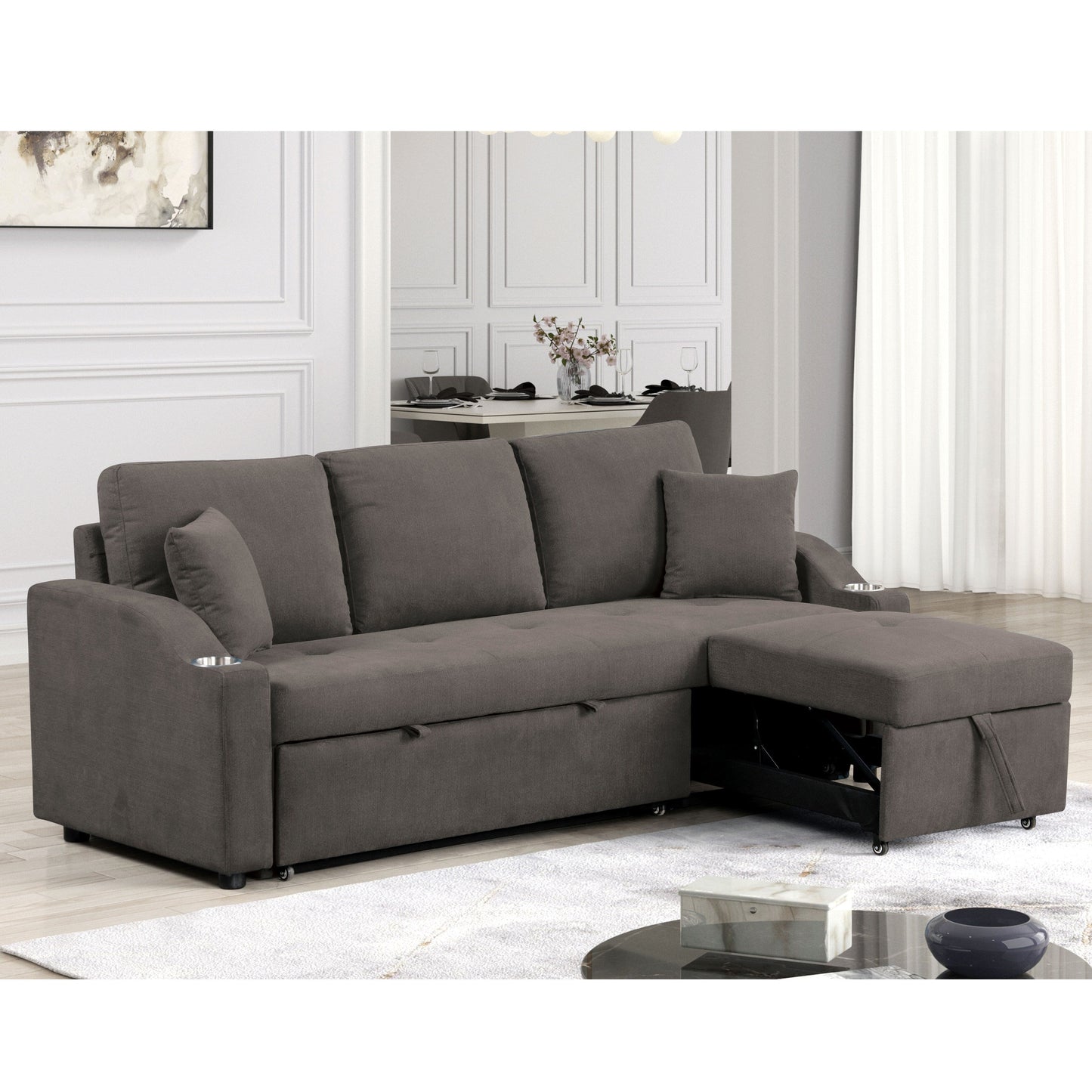 Canapé-lit modulable Scarlett de Furniture of America, style moderne, capitonné, gain de place, avec porte-gobelets