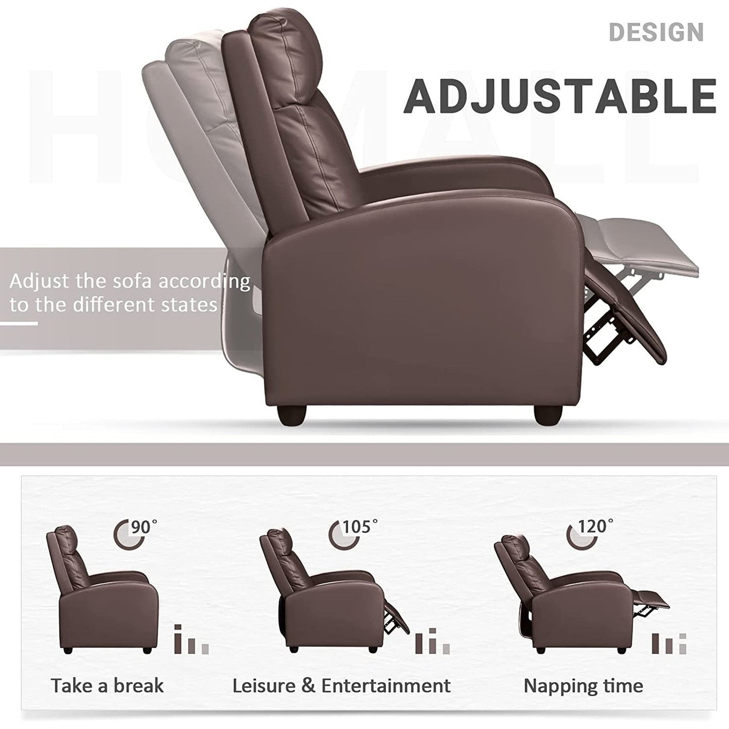 Canapé-lit inclinable en cuir PU Furniwell avec assise et dossier rembourrés.