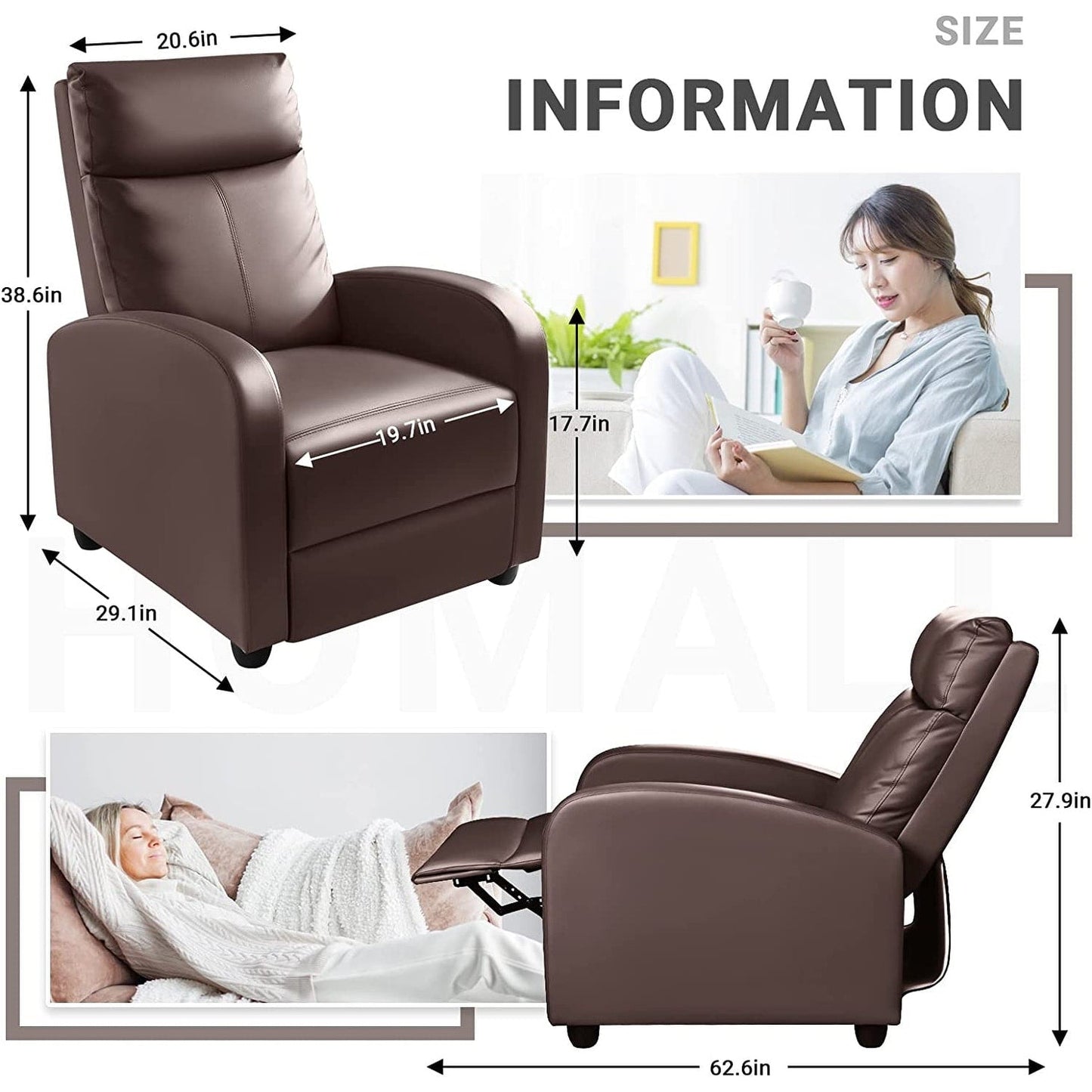 Canapé-lit inclinable en cuir PU Furniwell avec assise et dossier rembourrés.