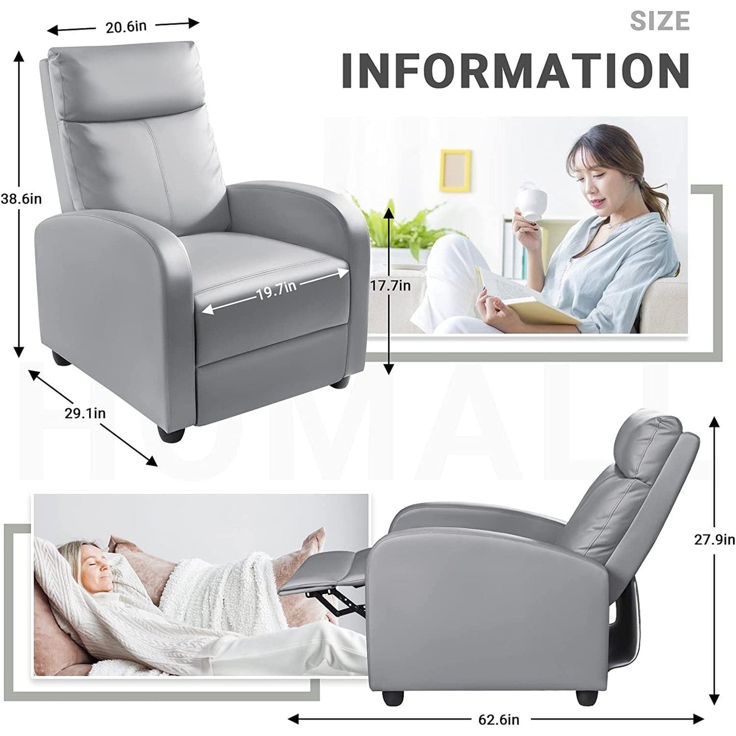 Canapé-lit inclinable en cuir PU Furniwell avec assise et dossier rembourrés.