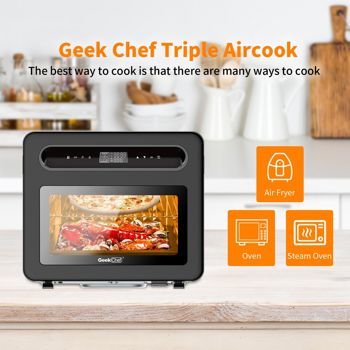 Four à convection et friteuse à vapeur Geek Chef 26 QT, 50 programmes de cuisson préprogrammés, acier inoxydable noir