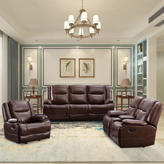 Ensemble de canapés et fauteuils inclinables à commande manuelle en cuir véritable, style moderne du milieu du siècle.