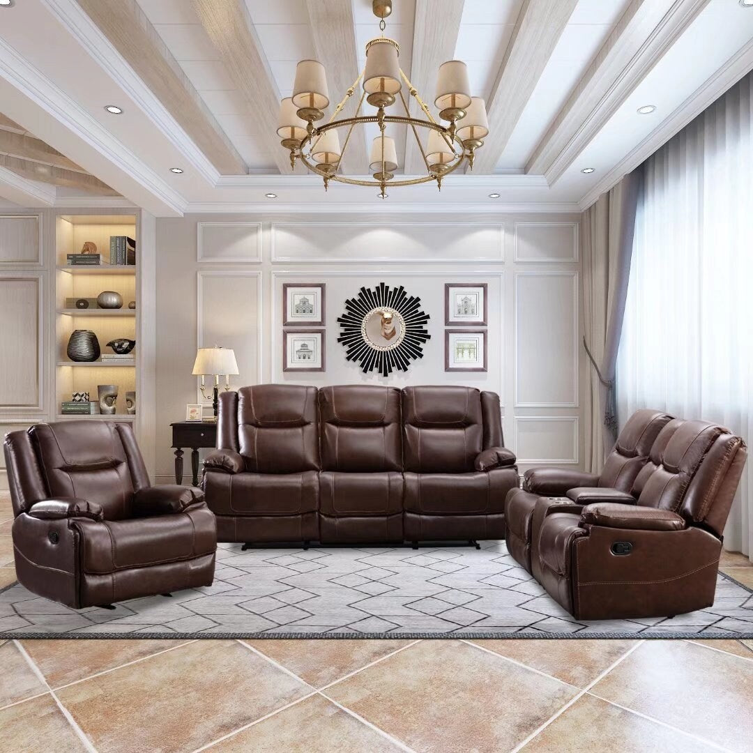 Ensemble de canapés et fauteuils inclinables à commande manuelle en cuir véritable, style moderne du milieu du siècle.