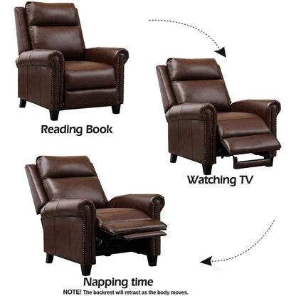 Fauteuil inclinable en cuir véritable avec accoudoirs et dossier confortables.