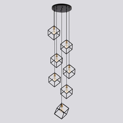 Suspension géométrique pour escalier, hauteur réglable, lustre à 5 ou 7 lumières.