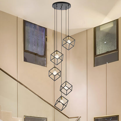 Suspension géométrique pour escalier, hauteur réglable, lustre à 5 ou 7 lumières.