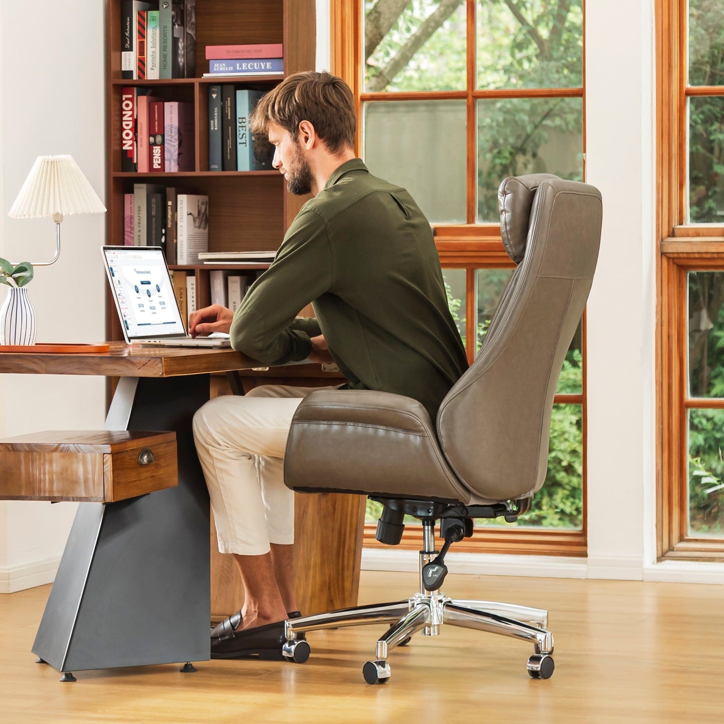 Glitzhome Chaise de bureau pivotante réglable en simili cuir de 122 cm (48 pouces) de style Mid-Century