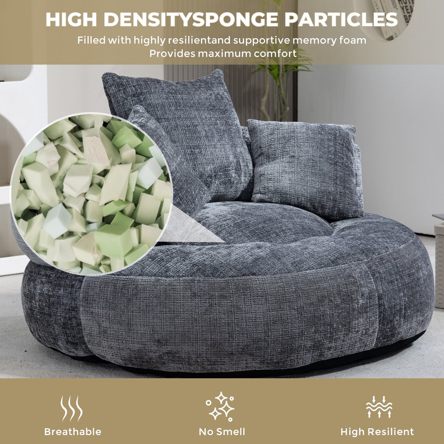 Canapé pouf en chenille gris surdimensionné 42.52, pour une personne, avec trois coussins, pour chambre à coucher.