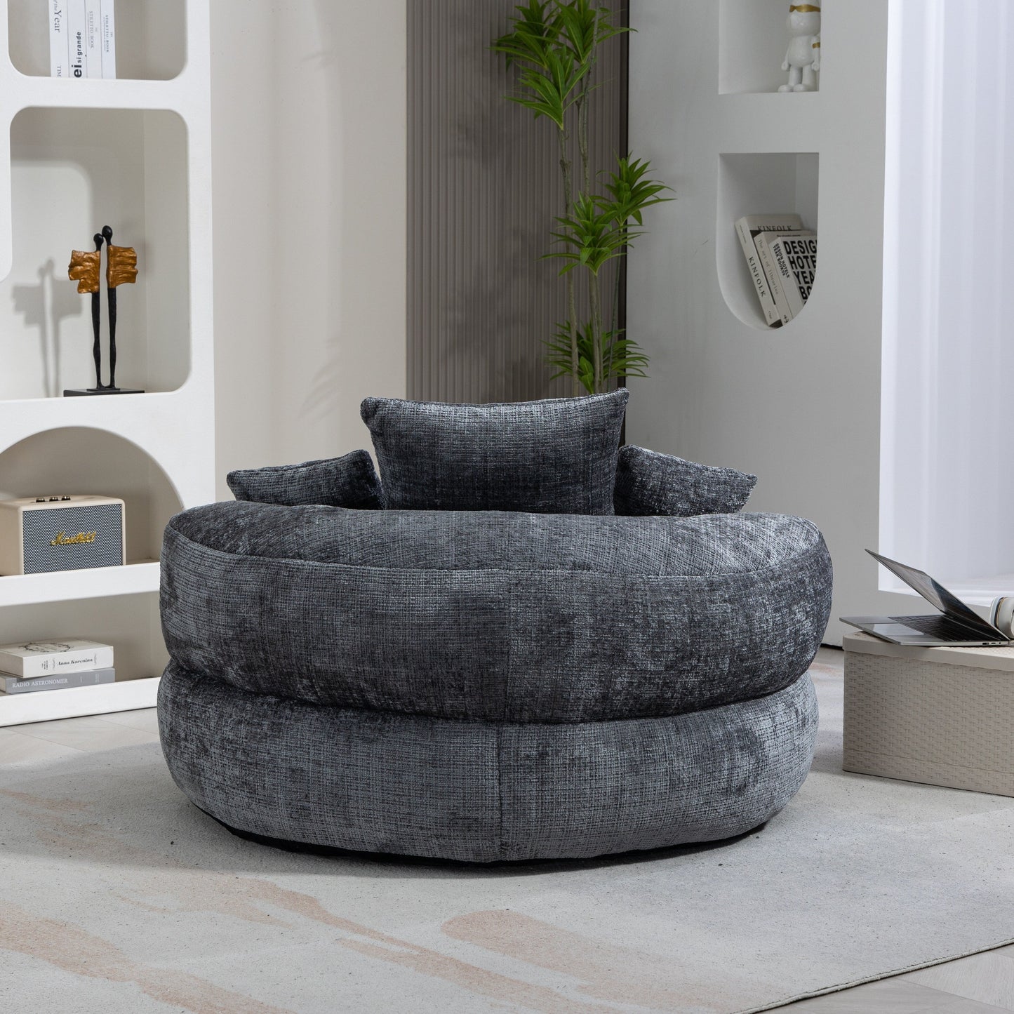 Canapé pouf en chenille gris surdimensionné 42.52, pour une personne, avec trois coussins, pour chambre à coucher.