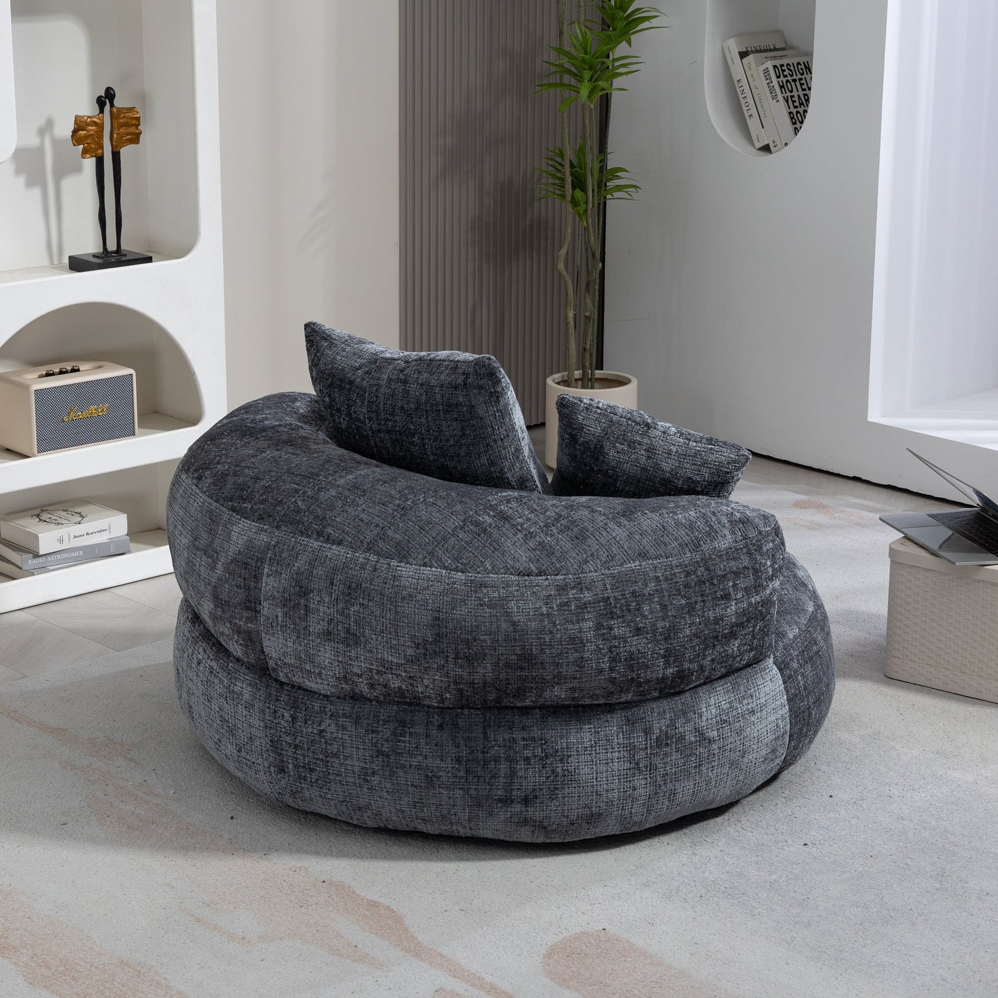 Canapé pouf en chenille gris surdimensionné 42.52, pour une personne, avec trois coussins, pour chambre à coucher.